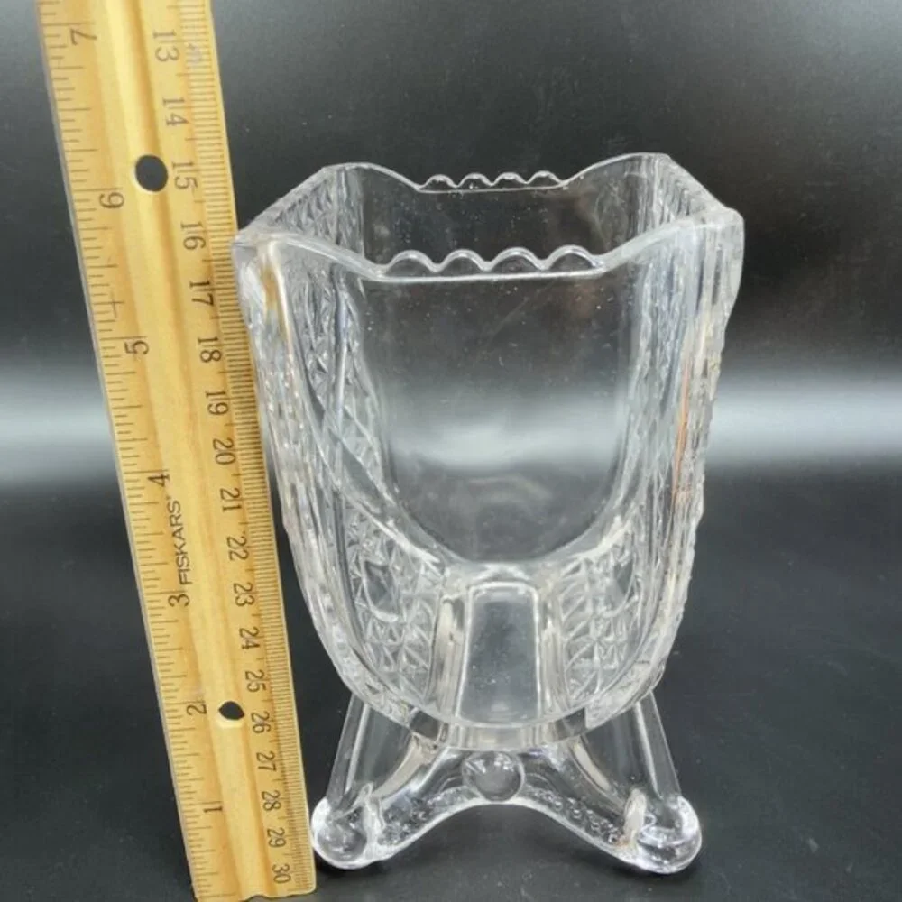EAPG Adams & Co Clear Crossbar Finecut Footed Clear Vase Manganese 365nm UV Glow